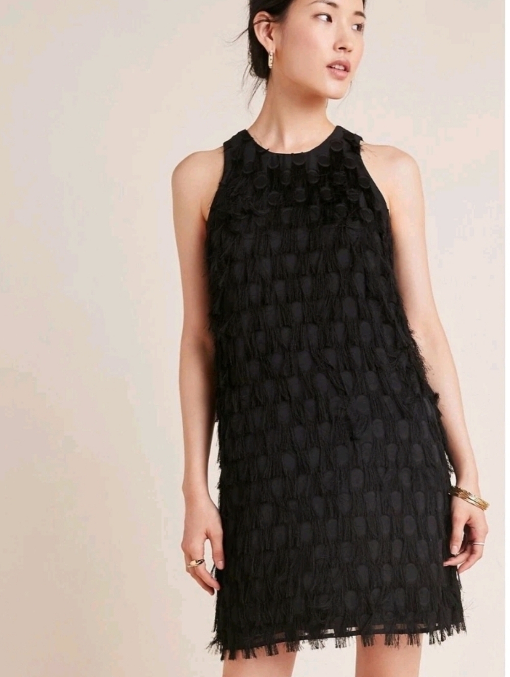 Anthropologie Black Textured Fringe Mini Dress Size 8